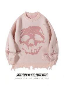 ANDREILEE Skull Graphic Distressed Fringe Crew Neck Pullover Sweater For Men - Pink - View 1