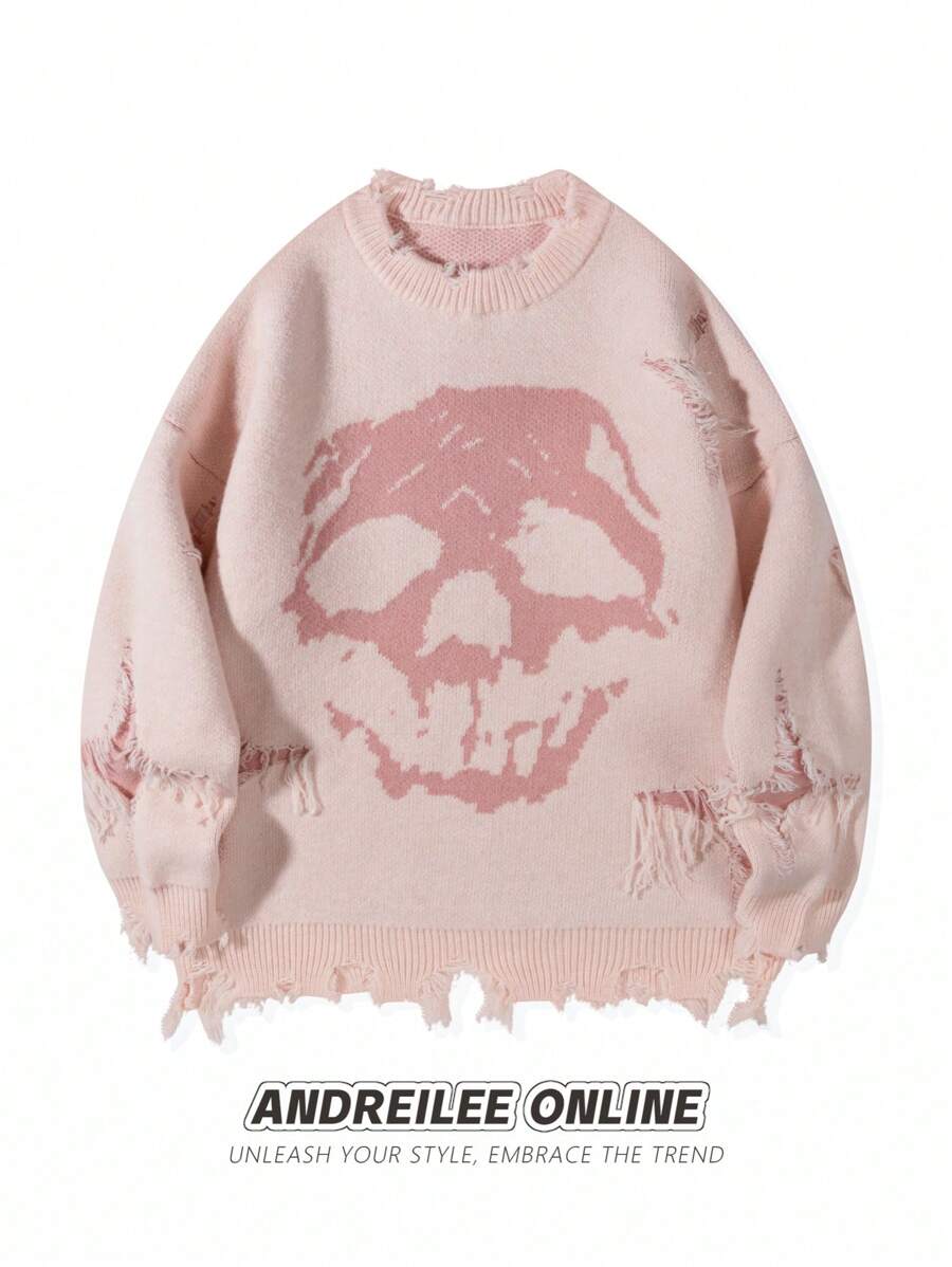 ANDREILEE Skull Graphic Distressed Fringe Crew Neck Pullover Sweater For Men - Pink - View 1