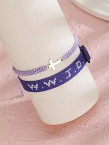 2pcs/Set Minimalist Stainless Steel Cross Bracelets & Wwjd Letter What Would Jesus Do Christian Jewelry Jacquard Knit Wristband Bracelet Set For Women For Party Jewelry