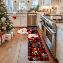 1/2 piezas Juego de alfombras de cocina navideñas engrosadas de 0.47 pulgadas/1.2 cm, diseño de cuadros escoceses de Papá Noel, alfombras de franela lavables a máquina, almohadillas rectangulares antideslizantes para decoración navideña del hogar