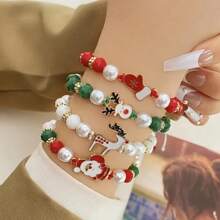 4pcs Christmas Charm Bracelet Set - Colorful Santa & Reindeer Beaded, Adjustable Drawstring Design - Perfect Holiday Party Gift For Women