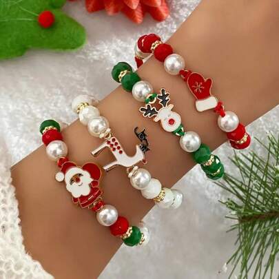 4-teiliges Weihnachten Charm-Armband Set - Bunte Santa & Rentier Perlen, verstellbares Zugbandesign - perfektes Geschenk für Weihnachtsparty für Frauen