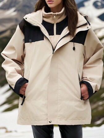 3-In-1 Winter Colorblock Drawstring Hooded Warm Windproof Jacket