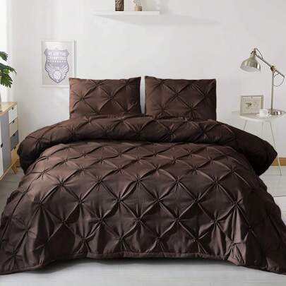 3 Pieces Brown Pinch Pleat Duvet Cover Bedding Set Luxury Bedding Set With 2 Pillowcases Double King Size Seersucker Quilt Cover Zipper Closure, Suitable For Wedding Items, Valentines Day Home Bed Room Decor, Easter Gifts, Mothers Day Gift, All Season