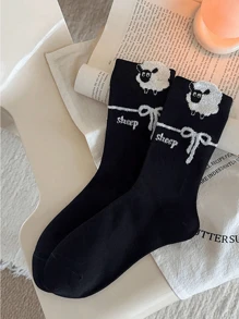4 Pairs Ladies Cute Cartoon Sheep Pattern Casual Crew Socks