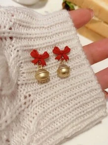 1pc Christmas Red Bow Bell Stud Earrings, Small And Fashionable New Year Gift And Christmas Decoration
