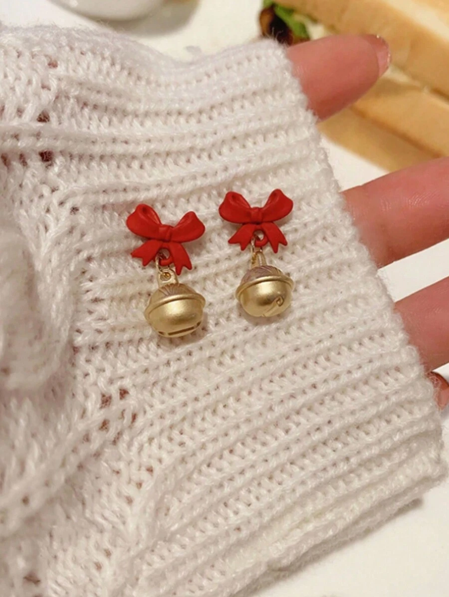 1pc Christmas Red Bow Bell Stud Earrings, Small And Fashionable New Year Gift And Christmas Decoration