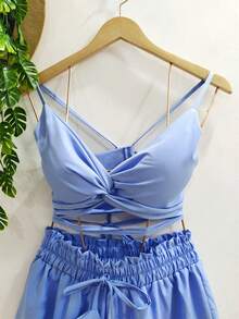 Cropped And Short Set With Lining, High Elastic Waist With Strap-Tie Cups, Crepe Fabric. - 淺藍色 - 查看 4