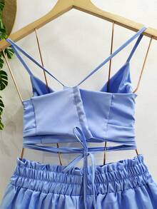 Cropped And Short Set With Lining, High Elastic Waist With Strap-Tie Cups, Crepe Fabric. - 淺藍色 - 查看 5