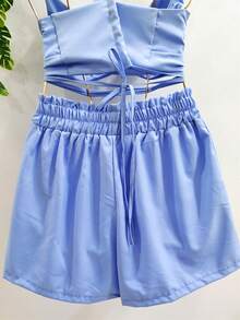 Cropped And Short Set With Lining, High Elastic Waist With Strap-Tie Cups, Crepe Fabric. - 淺藍色 - 查看 6