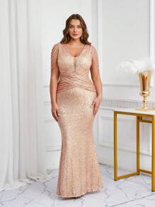 Váy dạ hội trang trí sequin cỡ lớn, váy dạ hội trang trọng thanh lịch, dành cho khách dự tiệc cưới, tốt nghiệp, váy dự tiệc tối - Vàng - Xem 5