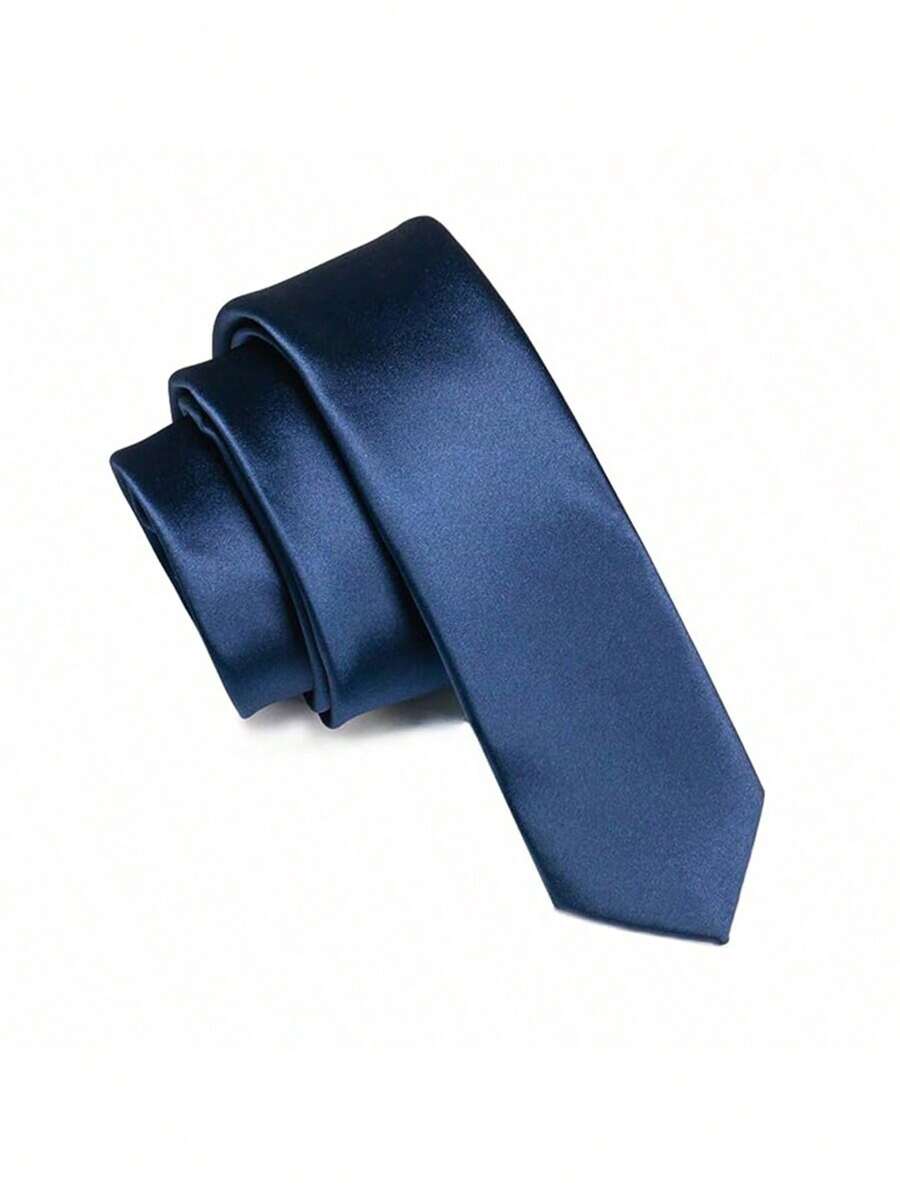 1pc Men's Solid Color Skinny Tie, Business Formal Necktie (2 Inches) Men Necktie - Navy Blue - View 1