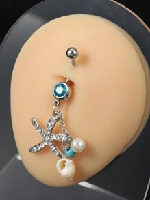 1pc Bohemian Style Sea Star & Sea Shell Faux Pearl Navel Piercing Suitable For Unisex Everyday Wear - Silver - View 5