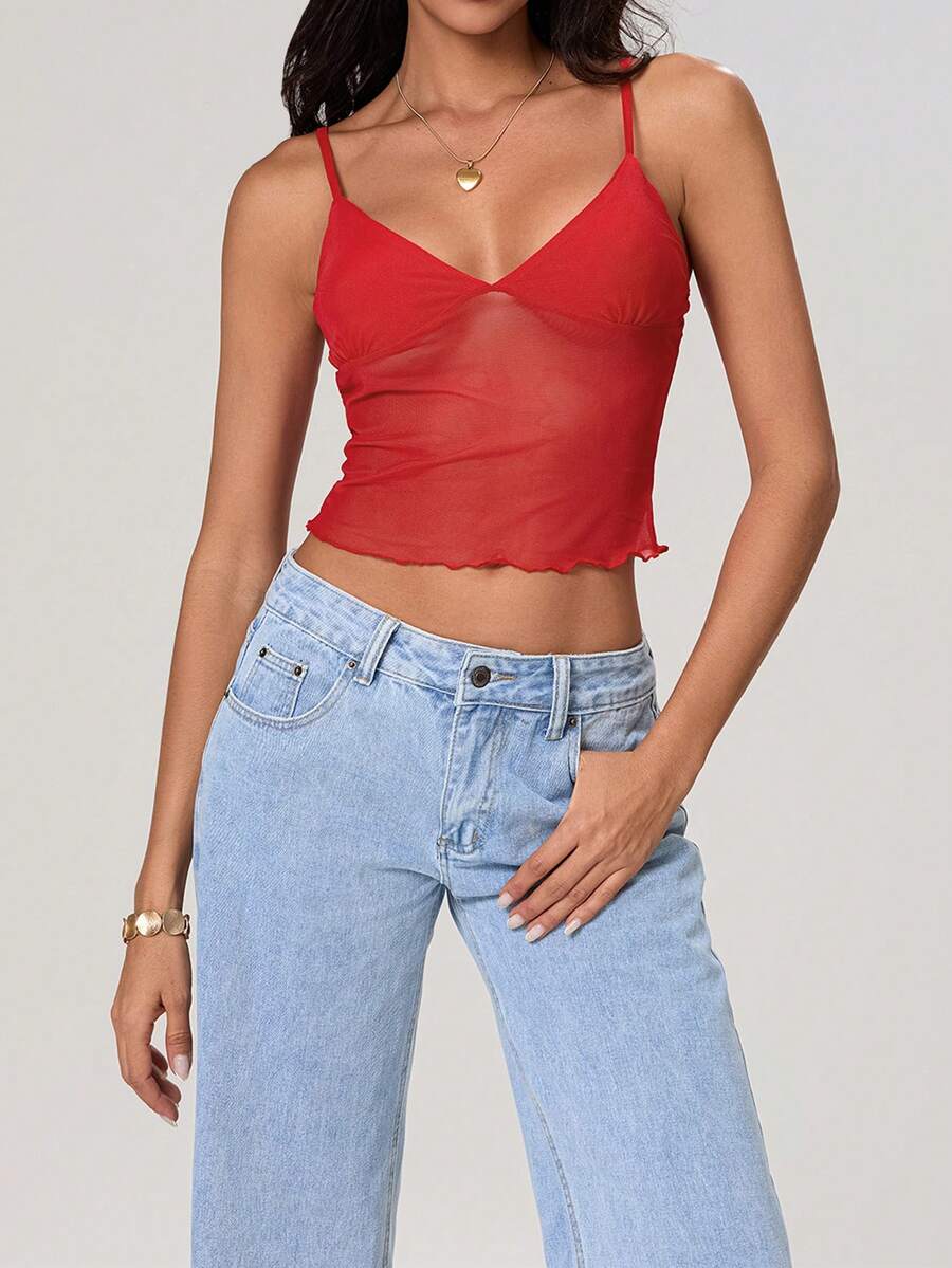 Camiseta de tirantes de mujer de unicolor, minimalista, de malla de red con escote en V para uso diario - Rojo - Ver 1