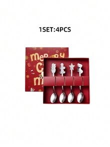 4 件套不锈钢圣诞主题迷你勺子套装 - 圣诞节假期图案勺子，适用于咖啡、纸杯蛋糕和甜点，配有精美礼品盒，非常适合圣诞节 - 彩色 - 查看 9