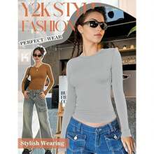 Ladies' Basic Long Sleeve Round Neck T-Shirt, Slim Fit, 2024 Autumn Y2K Style Crop Top, Cute Tight-Fitting Shirt - 淺灰色 - 查看 5