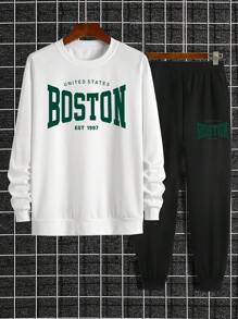 2pcs Men Casual Printed Sweatshirt And Matching Pants Sweatsuit Set - Black - View 3