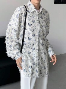 1件男士长袖小众设计蝴蝶图案毛边流苏装饰纽扣衬衫式外套，2000年代风格，适合秋季穿着 - 白色 - 查看 3