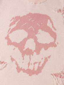 ANDREILEE Skull Graphic Distressed Fringe Crew Neck Pullover Sweater For Men - Pink - View 4