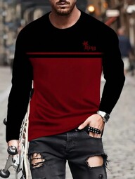 Classic Design Color Block Pattern And Letter Print "KING" Crew Neck And Long Sleeve T-Shirt, Comfy And Breathable Tees For Men, Tops For Daily Outerwear, For Fall