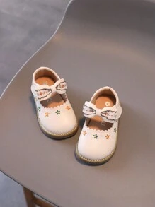 1 双女童蝴蝶结和塔形刺绣设计 PU 软皮公主婴儿鞋，轻质防滑鞋底，适合春、夏、秋、冬季的幼儿女童鞋 - 米色 - 查看 3