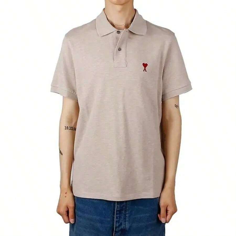 AMI Men's Heart Logo Polo Shirt Beige