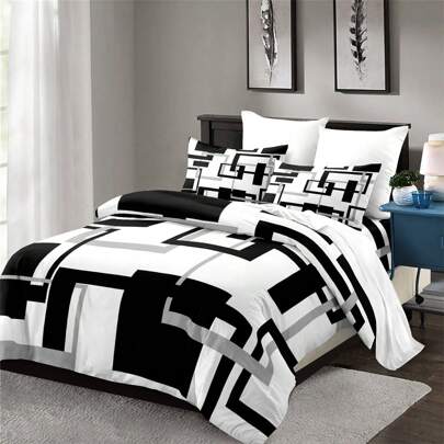 3 PIEZAS Juego de funda de edredón con estampado geométrico negro y gris (1* Funda de edredón + 2* Funda de almohada, sin relleno) - Juego de ropa de cama ligero y transpirable para dormitorio y habitación universitaria con estampado geométrico, cómoda colcha y cubrecama - Fácil cuidado, hipoalergénico y suave para la piel