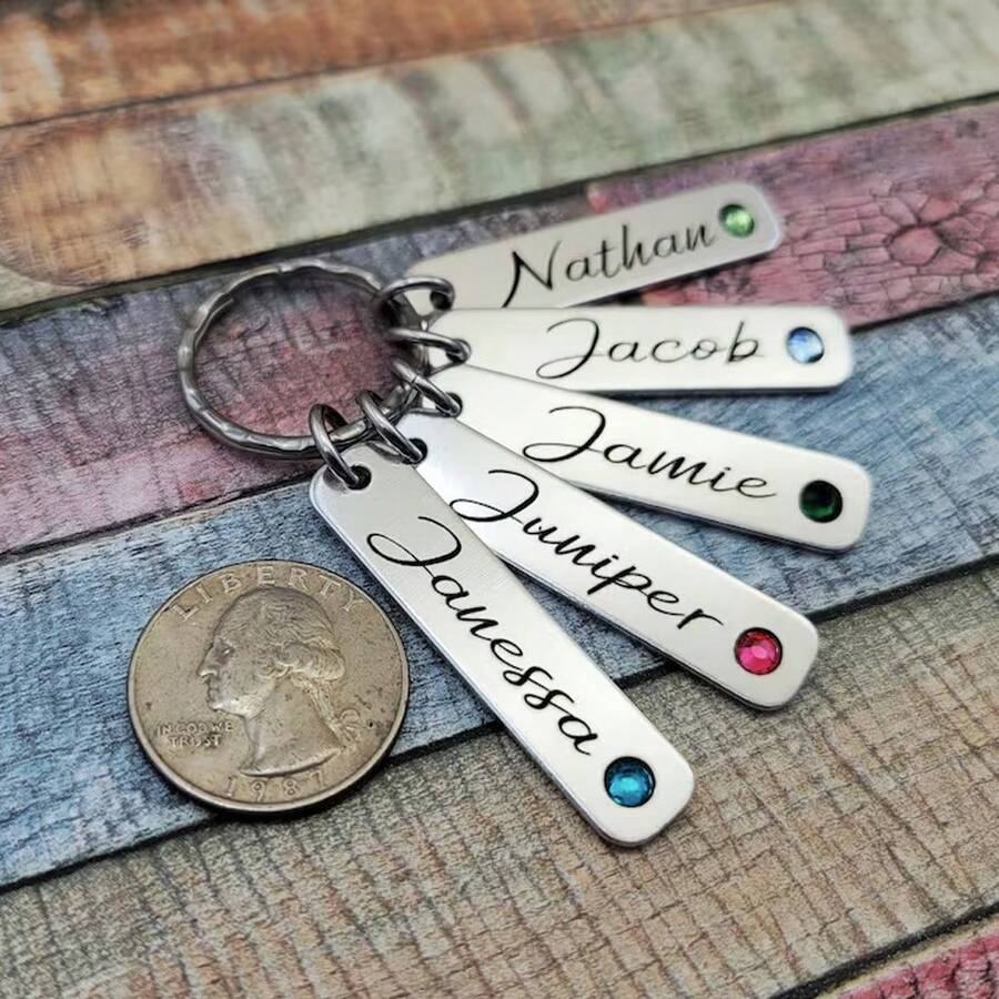 Personalized Family Keychain With Kids Names, Birthstone Name Charms ...