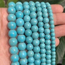 Hạt tròn trơn màu xanh dương, đỏ, trắng sọc, xanh ngọc, dài 15 inch, kích thước 4/6/8/10/12mm, dùng để tự làm trang sức. - màu ngọc lam - Xem 34