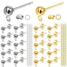 Kit de 60/120 piezas de pendientes de botón con perlas, que incluye postes de pendientes de bola, cierres de mariposa y anillos abiertos para hacer joyas DIY