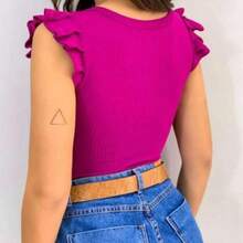 NIPPON Ribbed Mesh Short Sleeve Blouse With Ruffles Fafa Moda - Màu tím - Xem 2
