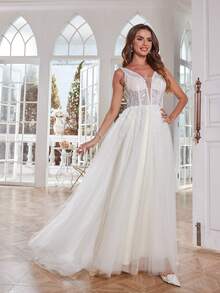 Ivory Sparkly V Neck Lace Wedding Dresses Long Train Tulle Sequin Hand Beading Out Door Wedding Bridal Gowns Semi-Sheer Mesh Tank Formal Gowns For Bride Lace Up Back - White - View 9