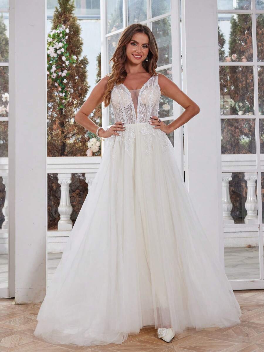 Ivory Sparkly V Neck Lace Wedding Dresses Long Train Tulle Sequin Hand Beading Out Door Wedding Bridal Gowns Semi-Sheer Mesh Tank Formal Gowns For Bride Lace Up Back - White - View 1