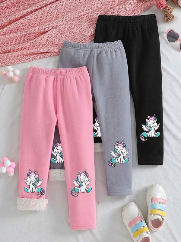 Set da 3 pezzi: leggings termici a stampa cavallina carina per ragazza e pantaloni in pile artico spessi e morbidi