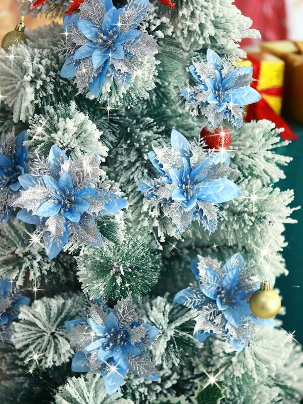 6 piezas de Flor de Pascua azul brillante artificial, coronas temáticas navideñas DIY, flores de Pascua artificial para decoración del árbol de Navidad, decoraciones de fiesta, Navidad