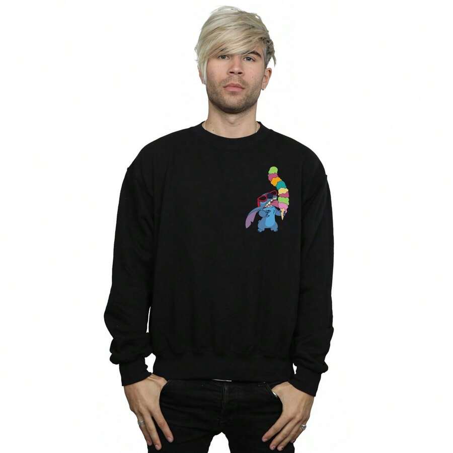 Sudadera con estampado de Lilo y Stitch comiendo helado para hombres de  (negra) - Negro - Ver 1