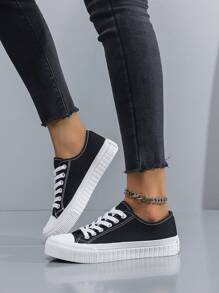 男女款休闲简约帆布运动鞋，黑白硫化橡胶鞋底 - 黑與白 - 查看 5