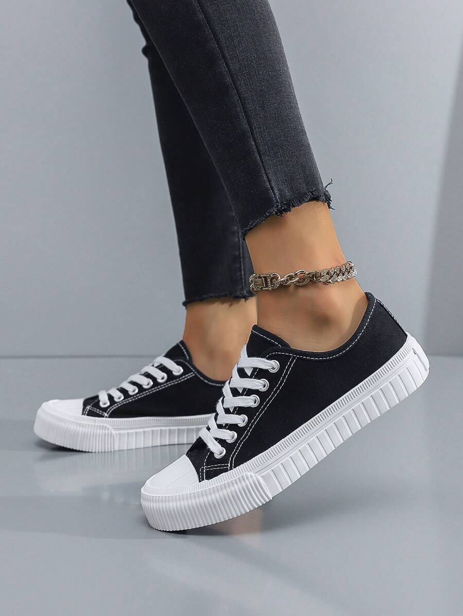 男女款休闲简约帆布运动鞋，黑白硫化橡胶鞋底 - 黑與白 - 查看 1