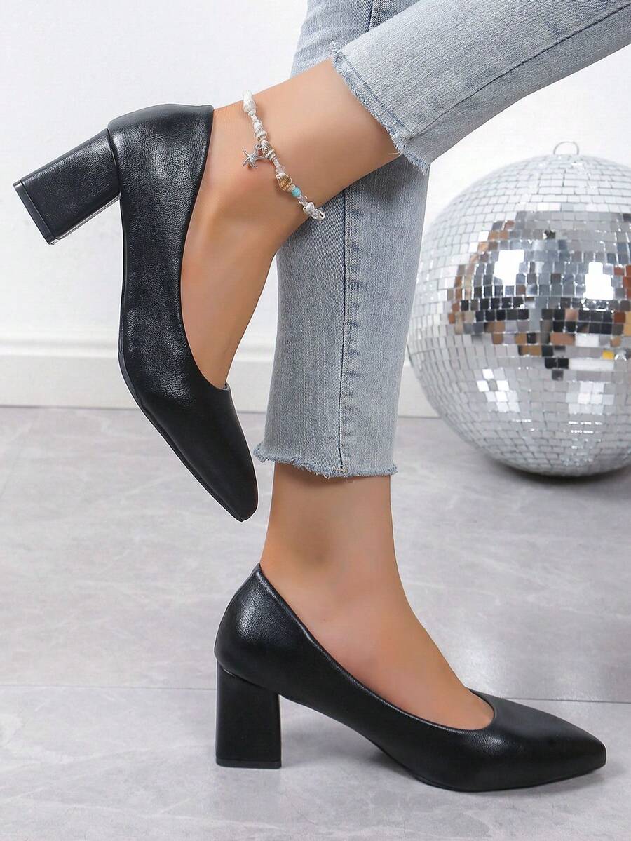 Women's Classic Solid Color Chunky Heel Pointed Toe Elegant High Heel Comfortable Office Formal Pumps Fashion Party Dress Shoes, Black - Black - View 1
