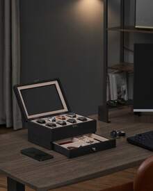 SONGMICS 8-Slot Watch Box, 2-Tier Watch Display Case With Large Glass Lid, Removable Watch Pillows, Velvet Lining, Jewelry Box, Gift Idea - Black - View 2