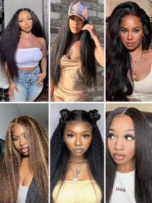 13x6 卷曲直发蕾丝前假发真人发 180% 密度透明蕾丝前假发真人发 Yaki 直发巴西发女士假发自然黑色 - 黑色 - 查看 8