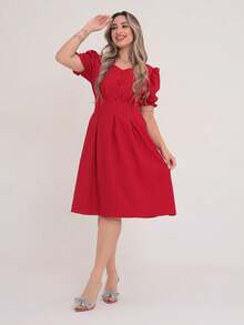 Luxury Duna Wave Short Dress With Button Short Sleeves - 紅色 - 查看 5