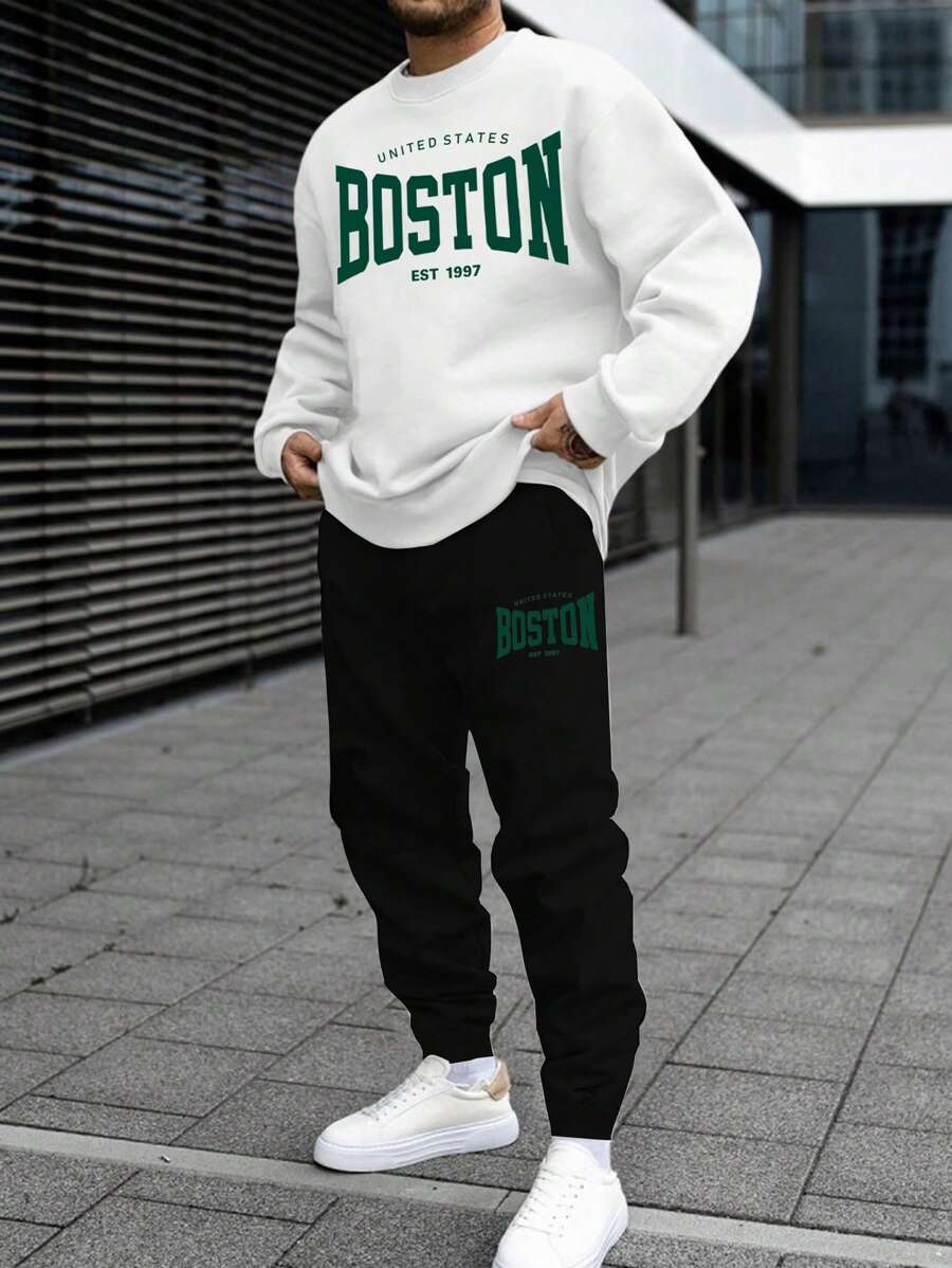 2pcs Men Casual Printed Sweatshirt And Matching Pants Sweatsuit Set - Black - View 1