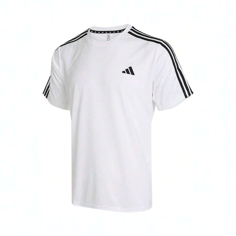Adidas 男式 TR-ES BASE 3S T恤，短袖针织圆领 TIB8151 - 白色 - 查看 1