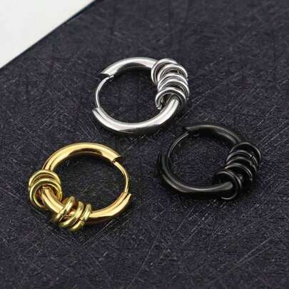 2 piezas Pendientes de acero de titanio con cinco anillos para hombres, estilo hip-hop, hipoalergénicos y resistentes a la decoloración