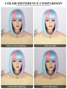 Rainbow Wigs For Women Short Wig With Bangs Bob Colorful Wigs Shoulder Length Rainbow Wig Synthetic Wigs For Cosplay Party Halloween Use 14 Inch - Multicolor - View 9