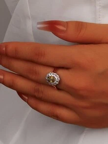 1 chiếc nhẫn bạc Sterling 925 mạ vàng hồng sang trọng thanh lịch khảm đá Zirconia và Beryl vàng, thiết kế hoa, thích hợp cho hẹn hò, đám cưới, tiệc tùng và các dịp trang trọng Ngày lễ tình nhân - Màu vàng - Xem 3