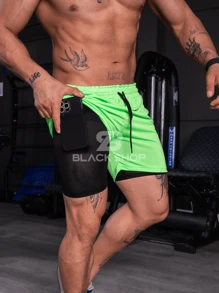 Kit 4 Men's Dry Fit Shorts 2 In 1 Elastane Lined - Gym, Running And Training - 綠色 - 查看 2