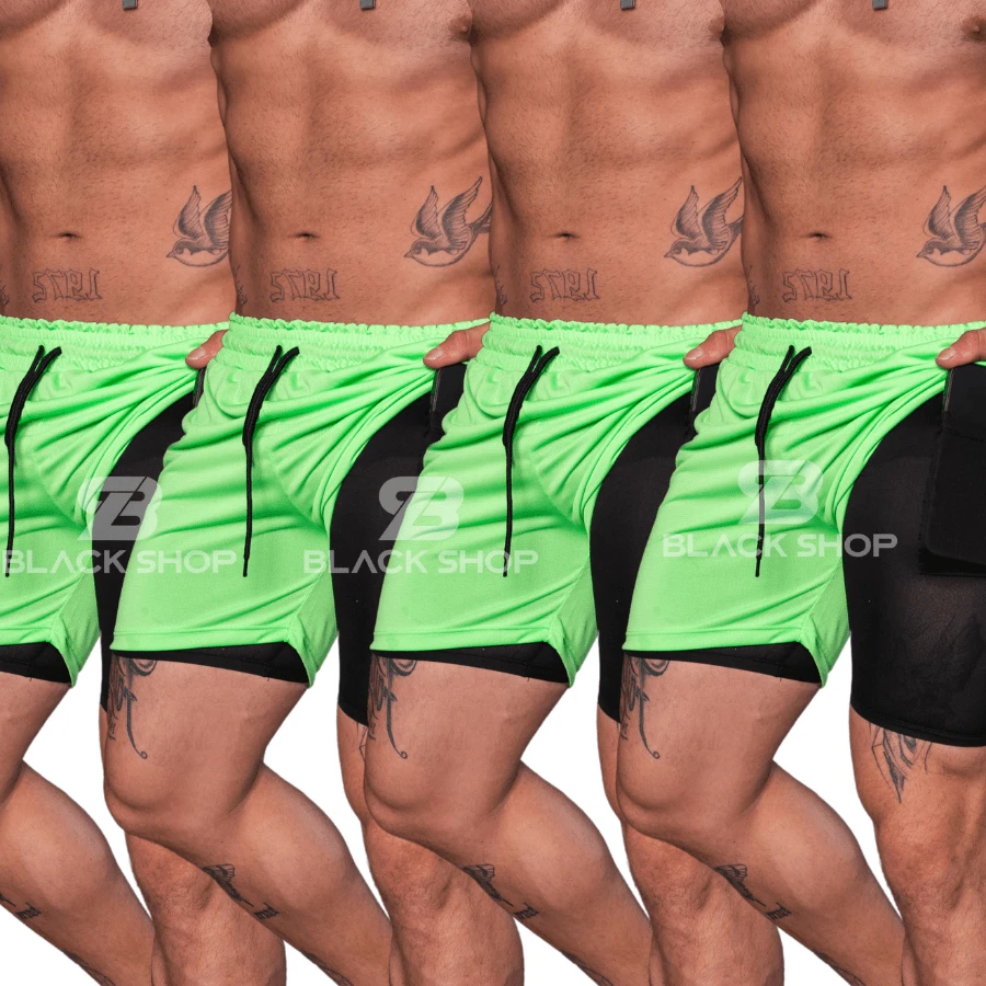 Kit 4 Men's Dry Fit Shorts 2 In 1 Elastane Lined - Gym, Running And Training - 綠色 - 查看 1