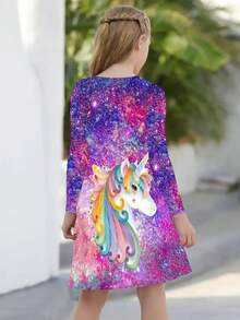 Tween Girl 舒适休闲独角兽星空 3D 印花长袖连衣裙，适合日常穿着和度假 - 彩色 - 查看 2